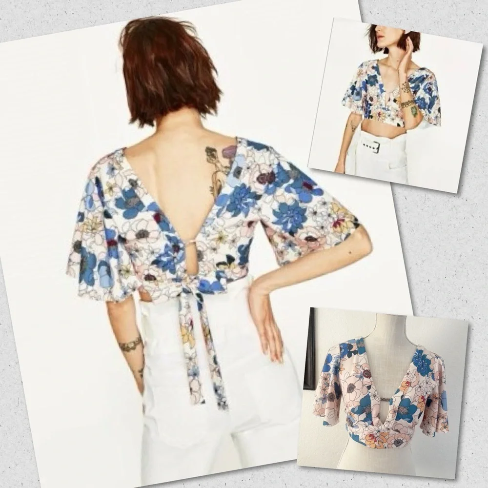 Zara Floral Crop Top Size S V-Neck Tie Back Flutter Sleeve Blue Peach Boho